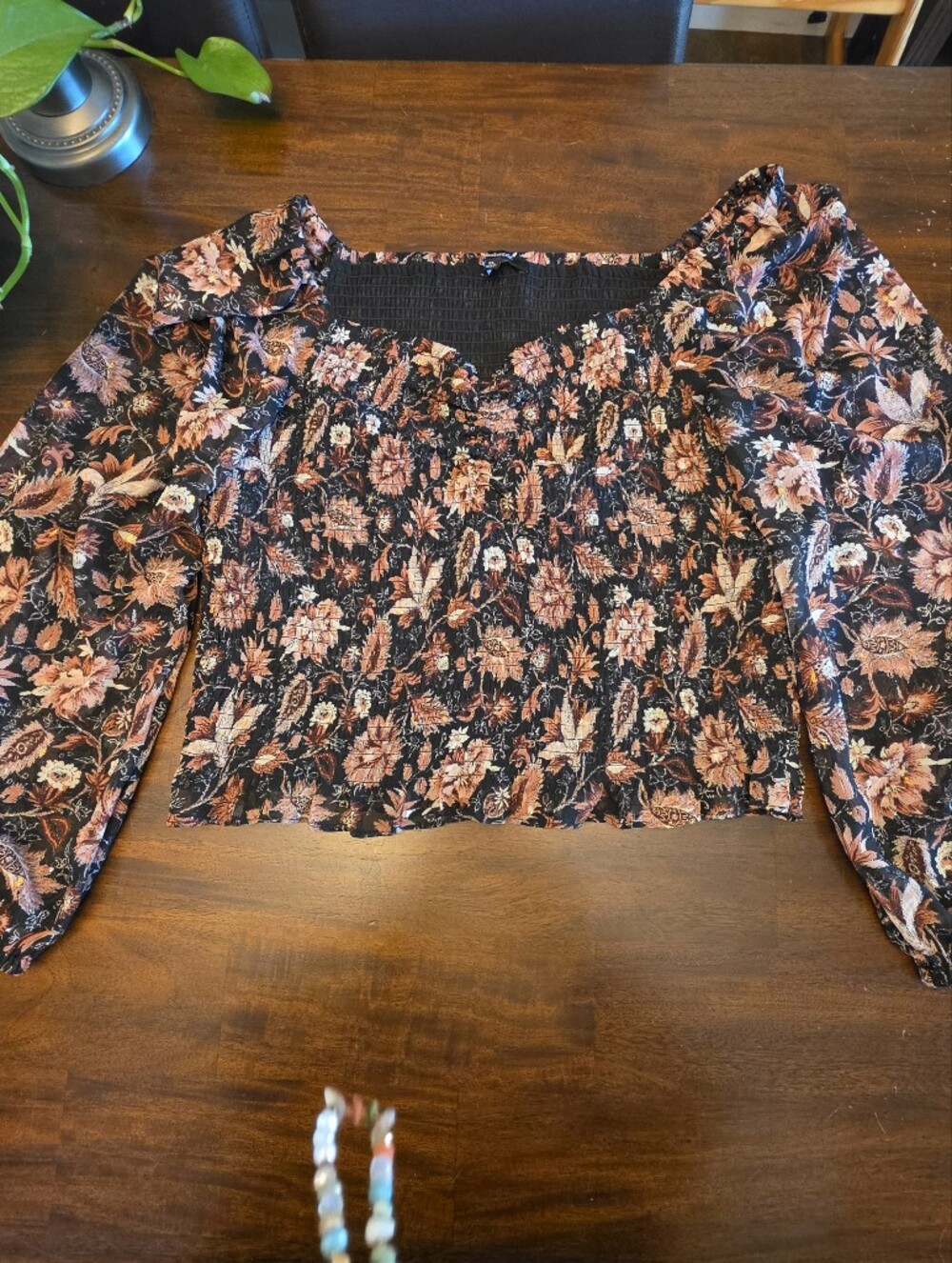 Madewell Lucie Smocked Floral Crop Top Blouse Size XL Black Lurex